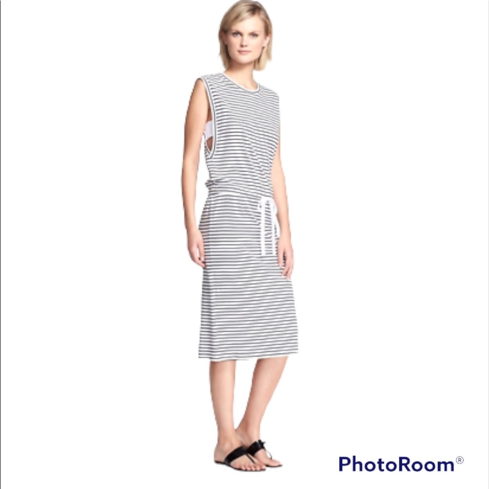 Theory Caneil Pima Cotton Dress White Black Stripe Drop Waist Size S